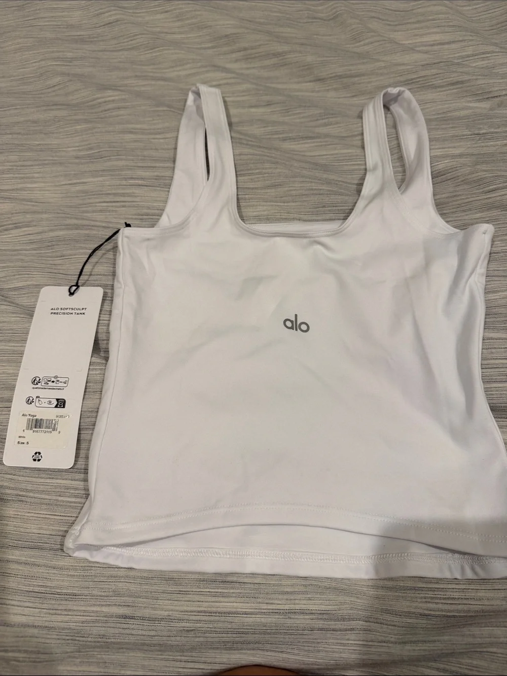 ALO Yoga White soft sculpt precision Scoop Tank with Center Logo on back